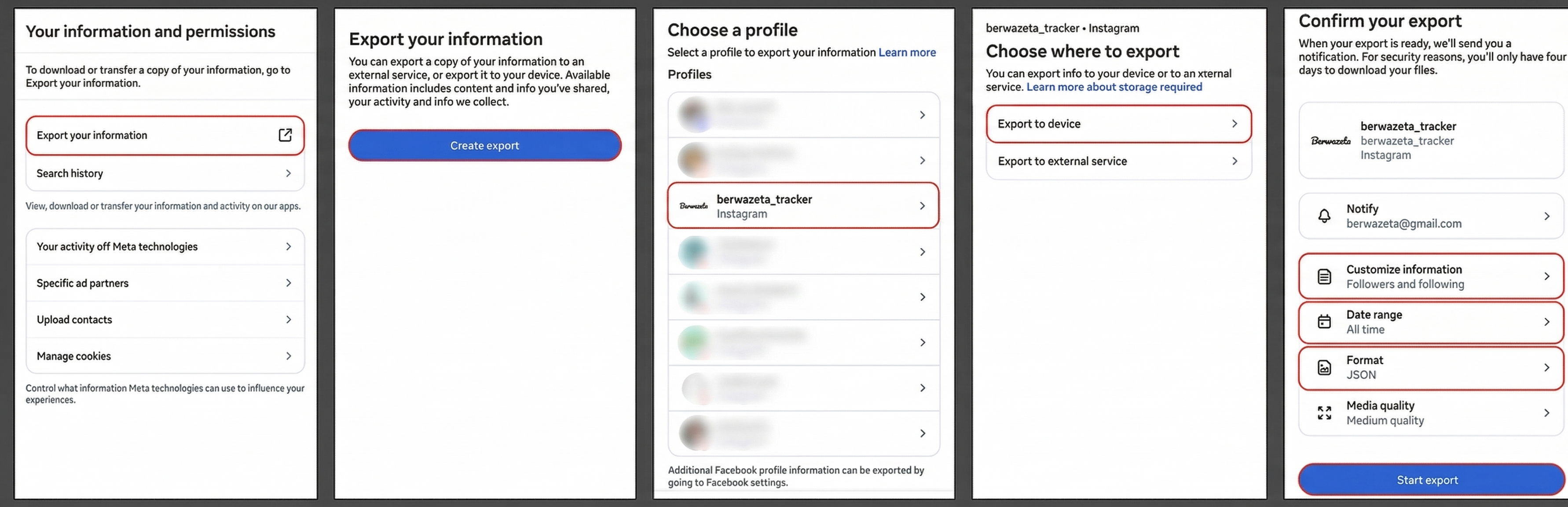 Export your information steps